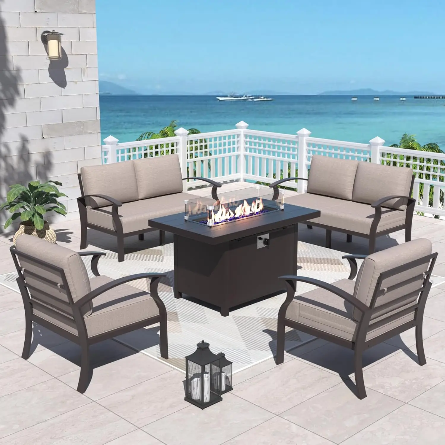 

Aluminum Patio Furniture Set with Propane Fire Pit Table 6 Seats Furniture w/Fire Pit Patio Conversation Set w/5.1" Cushions