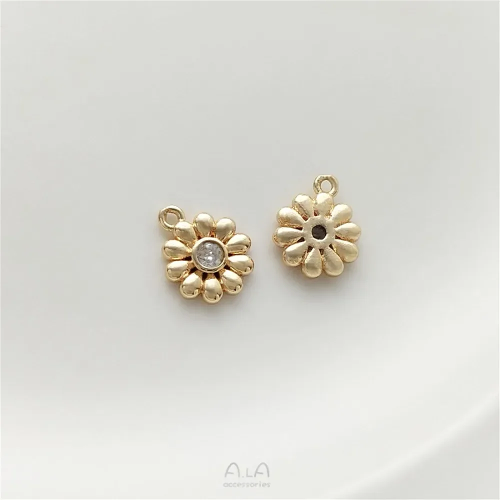 14K Gold Inlaid Zircon Small Daisy Tulip Rose Small Flower Pendant, Handcrafted Earrings Bracelet Charms Pendant K500