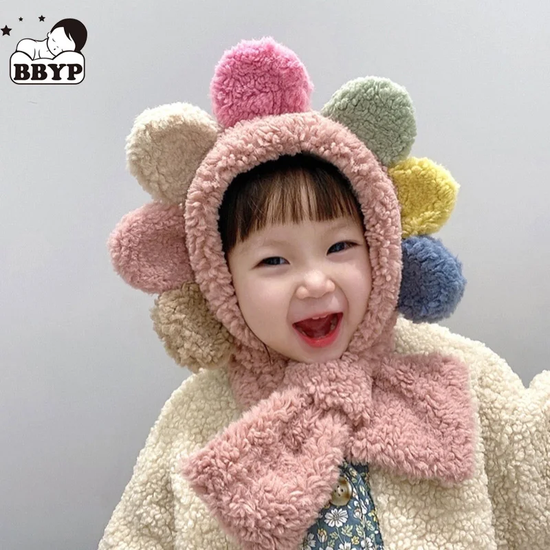 

Cute Cartoon Sunflower One-piece Baby Hat and Scarf Winter Thicken Plush Toddler Girls Bonnet Warm Baby Earflap Neckerchief Cap