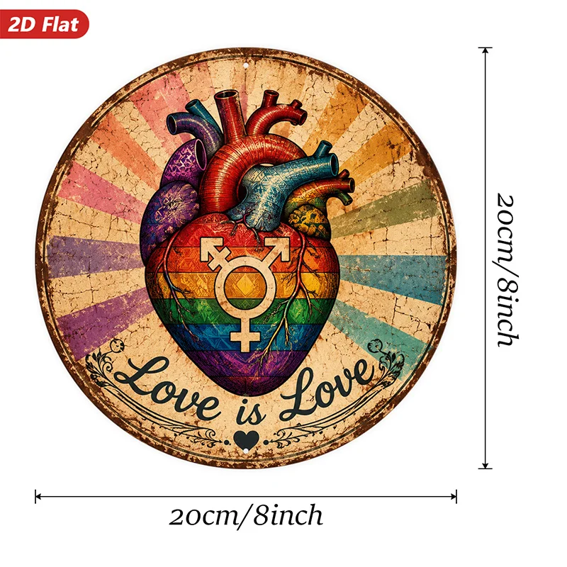 2D Flat, 1pc Love Is Love Heart Round Metal Sign Wall Art, Rainbow Heart Anatomy, Equality Symbol Overlay, Vintage Distressed Te