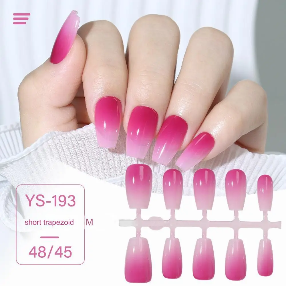 10PCS Need Adhesive Glue Pink Series Fake Nail Size M Gradient Color Wearable Nail Smooth Short Trapezoid Glitter Press on Nails