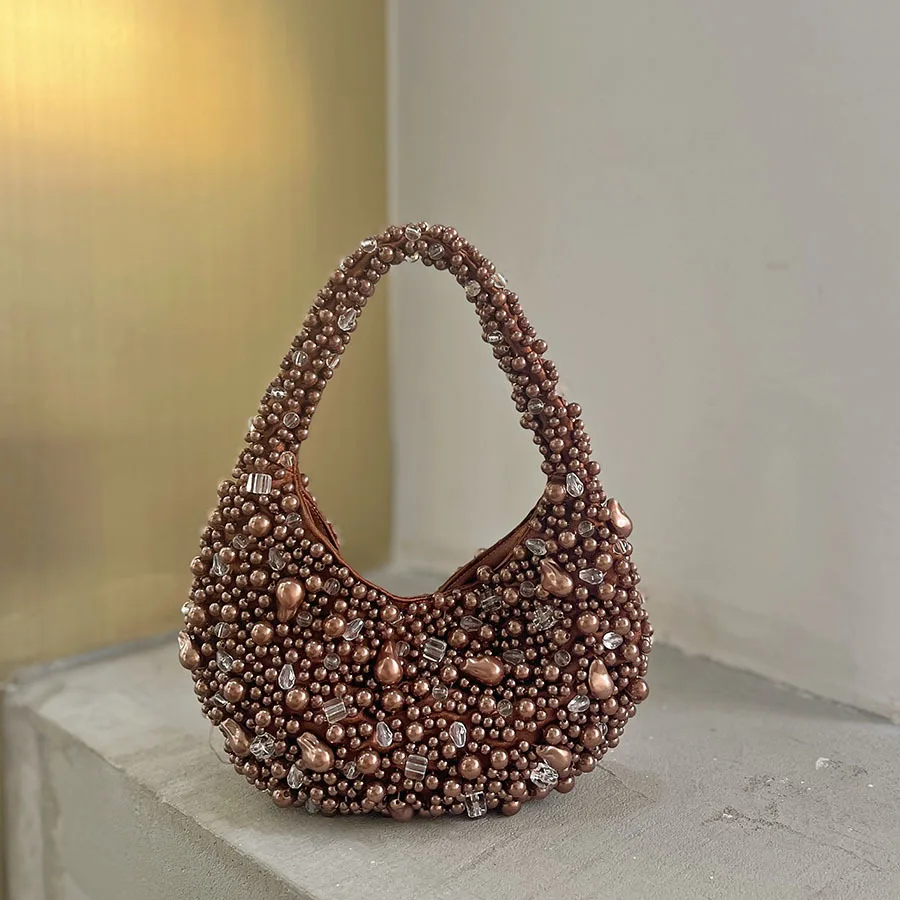 

Ladies Casual Pearl Handbag Large Capacity Simple Pearl Underarm Bag Solid Color Crystal Beaded Armpit Bag Date Party Bag