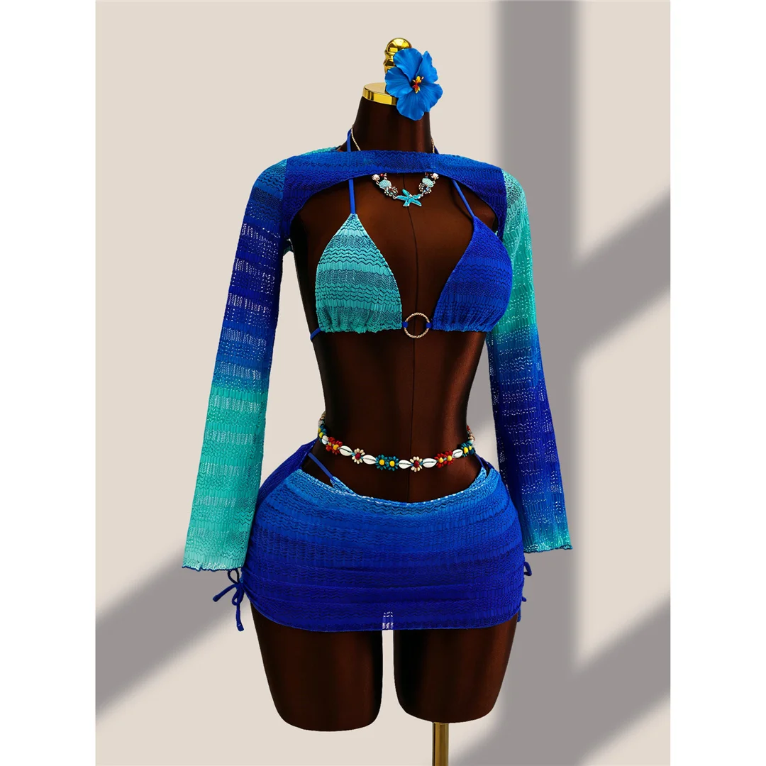 4-teiliges Bikini-Set mit Überwurfrock, Farbverlauf, Damen-Badebekleidung, Badeanzug, Badebekleidung, Badeanzug, Schwimmbekleidung V8303 – Detail 16