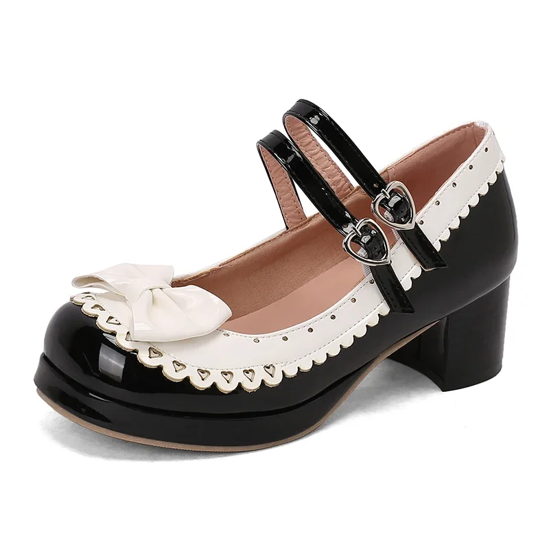 

Женские милые туфли Kawaii для косплея, туфли-лодочки Мэри Джейн из лакированной кожи на массивном каблуке с ремешками и бантом на платформе с двойным ремешком на щиколотке, большие размеры