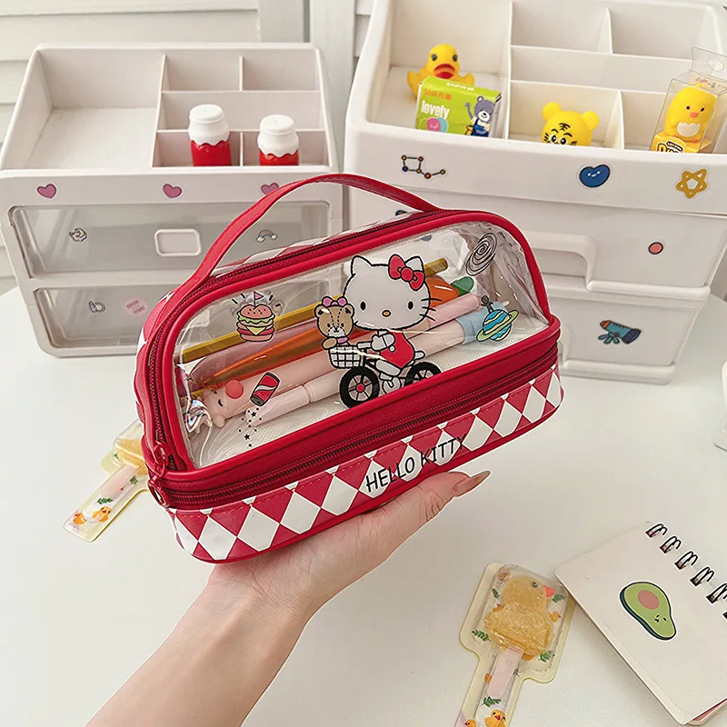 Kawaii الكرتون Hellokitty Kuromi سعة كبيرة شفافة طبقة مزدوجة مقلمة الكرتون سينامورول القرطاسية القلم حقيبة