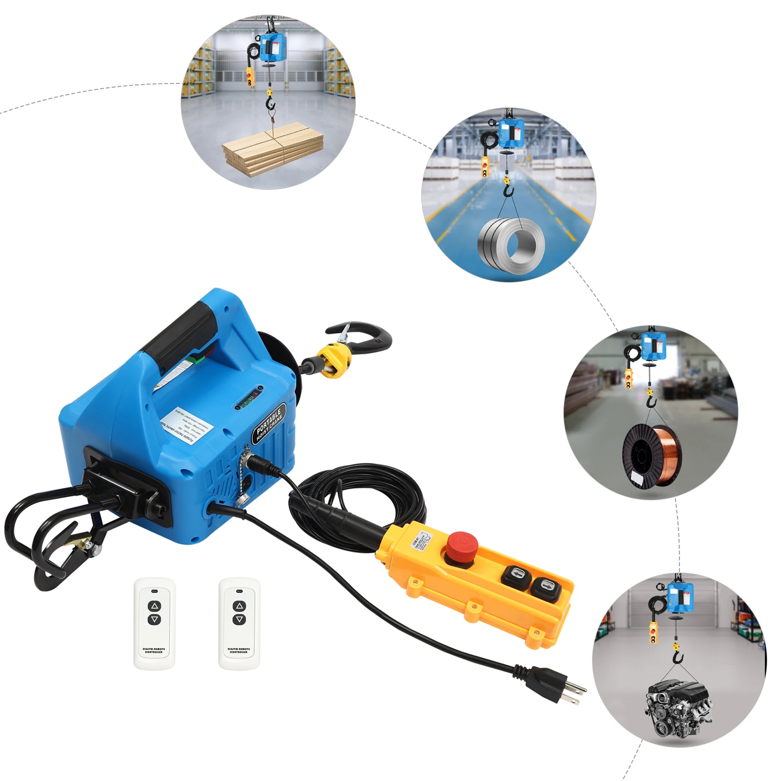 Electric Hoist, 24.93ft Lifting Height, 1500W Portable Electric Winch, with Wireless Remote Control & Pendant Controller, 1,100l