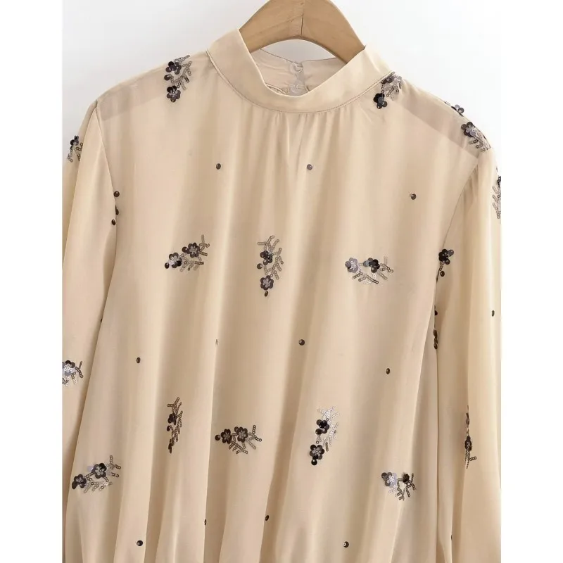 Vrouwen Kraal Bloemen Opstaande Kraag Blouse Lente Herfst Doorschijnend Mode Shirt Met Lange Mouwen Vrouwelijke Losse Elegantie Shirts
