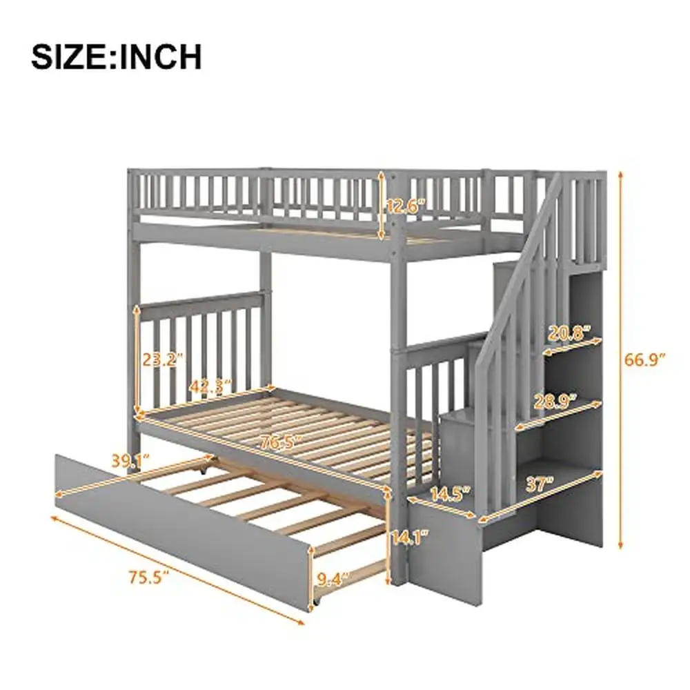 Twin Over Twin Bunk Bed with Stairs Trundle & Storage Shelves Solid Wood Kids Teens Girls Bedroom Furniture Modern Style Grey