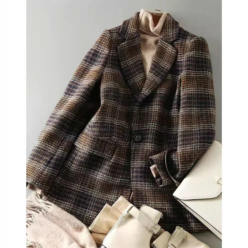 Autumn Winter Women\'s Vintage Plaid Printing Casual Fashion Blazers Female Slim All-match Woolen Jacket Ladies Elegant Coat Suit