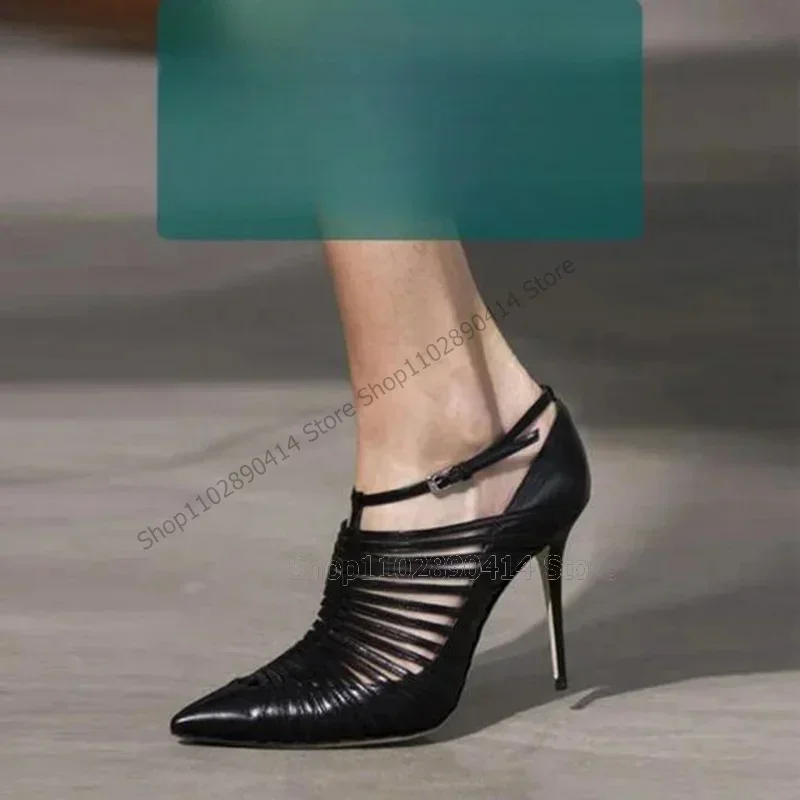 

Green Strappy Hollow Design Pointed Toe Pumps Buckle Strap Women Shoes Thin High Heels New Party Runway 2025 Zapatos Para Mujere