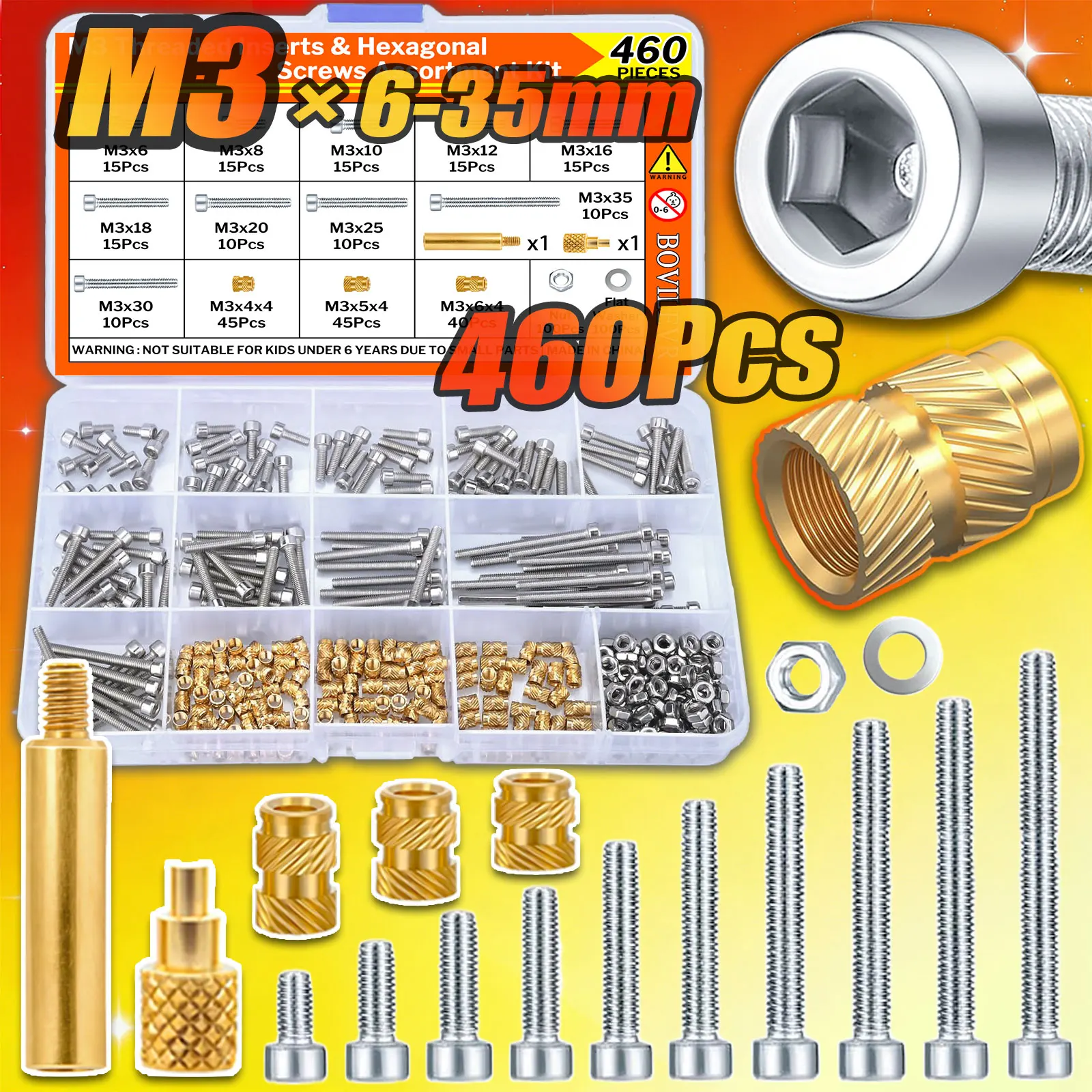 460-teiliges M3 Gewindeeinsatz-Set M3x6-35mm Wärmeeinpressmuttern mit Sechskantschrauben Unterlegscheiben 3D-Drucker PLA PETG ABS Reparatur-Sortiment
