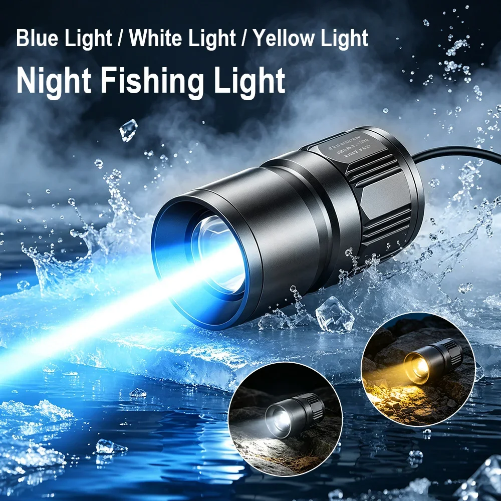 BORUiT 10W Bright Beam Zoomable Night Fishing Light 3 Color LED Fishing Lamp Waterproof USB Powered Outdoor Angling Light