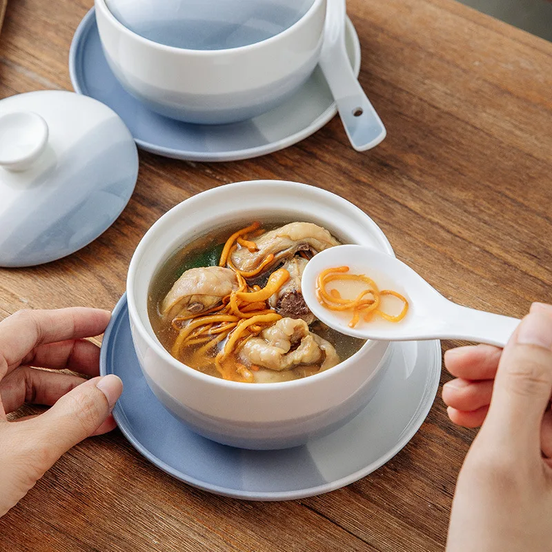 

Ceramic Steaming Bowl with Lid Double Boiler Soup Cup Dessert Bowl Egg Custard Bowl