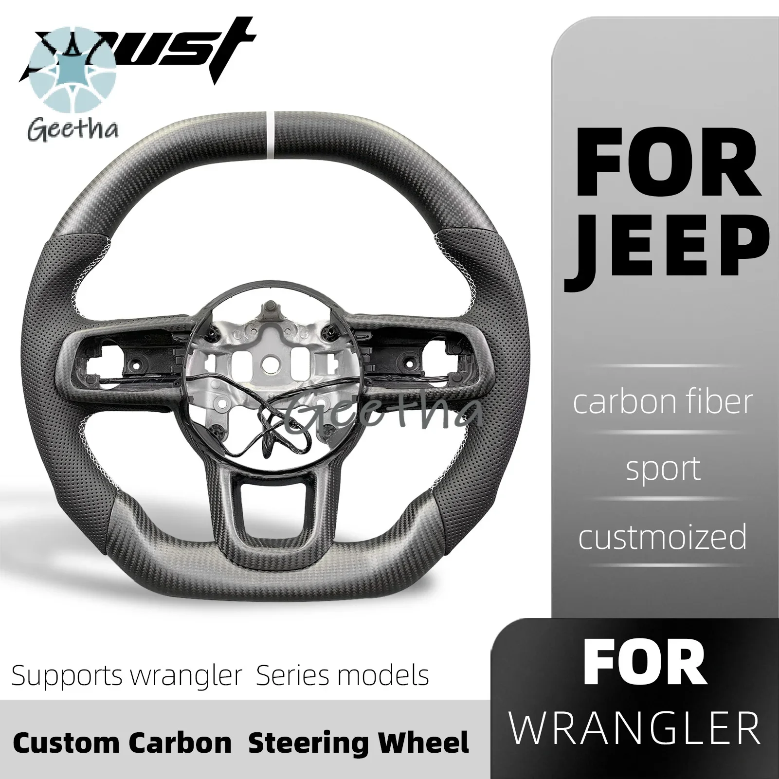 

For Jeep Wrangler Gladiator JL JK Customized Perforated Leather Matte Carbon Fiber Steering Wheel Body kit bumper