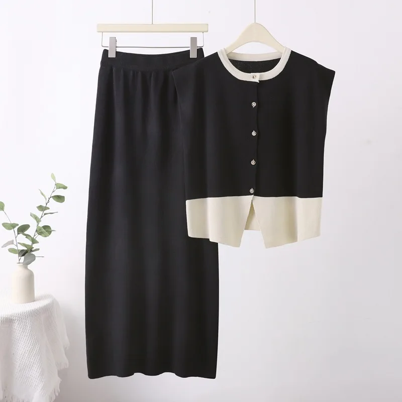 

Women New Casual Knit Set O-neck Contrast Color Single-breasted Sleeveless Cardigan Tops+Elastic High Waist Split Skirt Summer