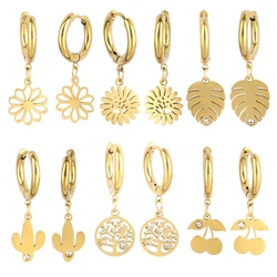Tarnish Free Stainless Steel Flower Metal Hoop Earrings for Women Individual Stylish Trendy Jewelry Plant Leaf Earring Charms