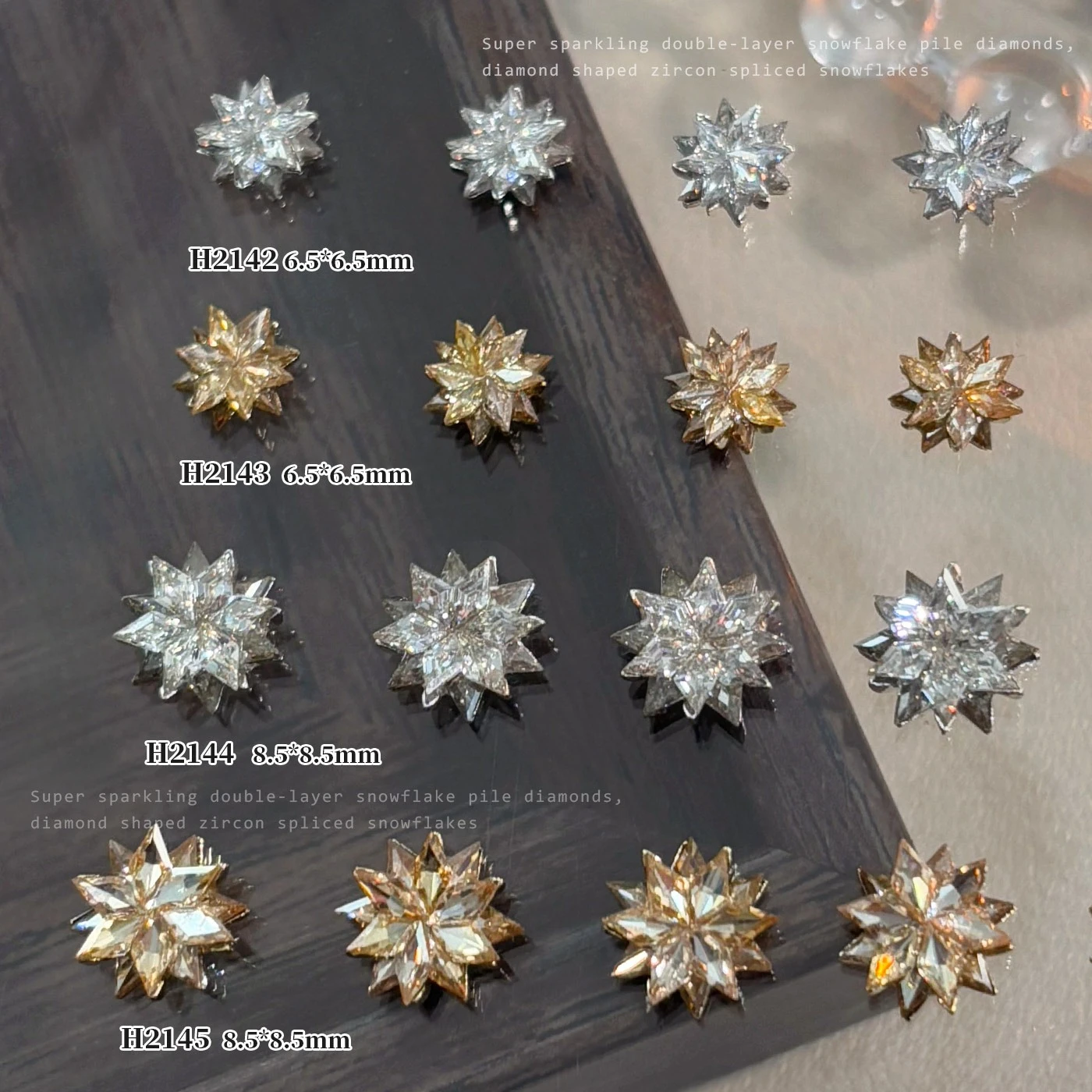 1Pc Rhombus Snowflake Zircon Nail Charms Shiny Double Layer Champagne Rhinestones DIY Wholesale Manicure Decor Ornaments