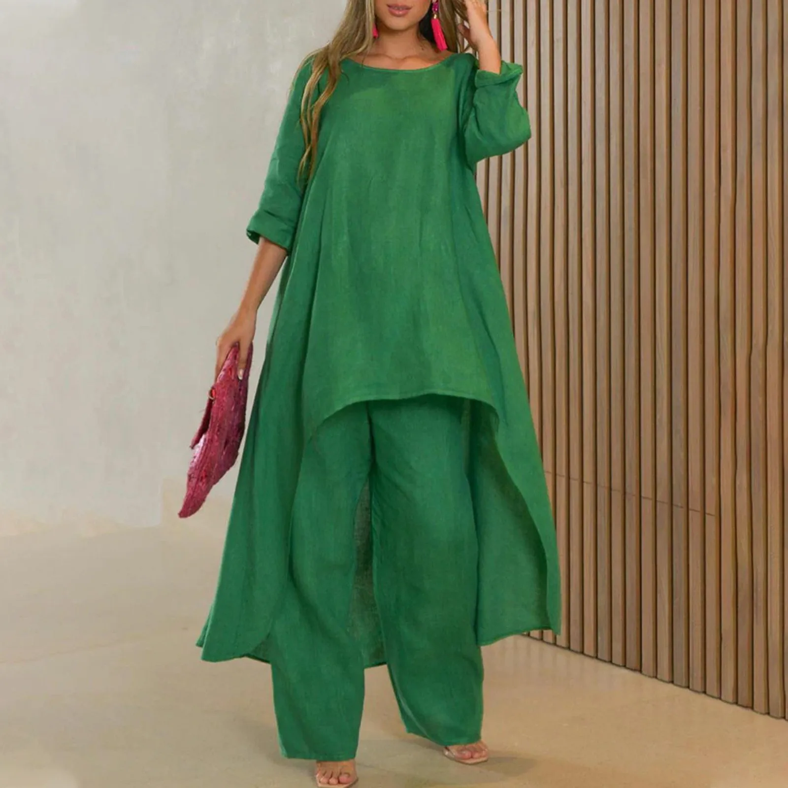 African Clothes 2 Piece Women Set Women Outfits Cotton Linen Suit Long-Sleeved Dress And Pants Loose Trousers Casual Party Sets