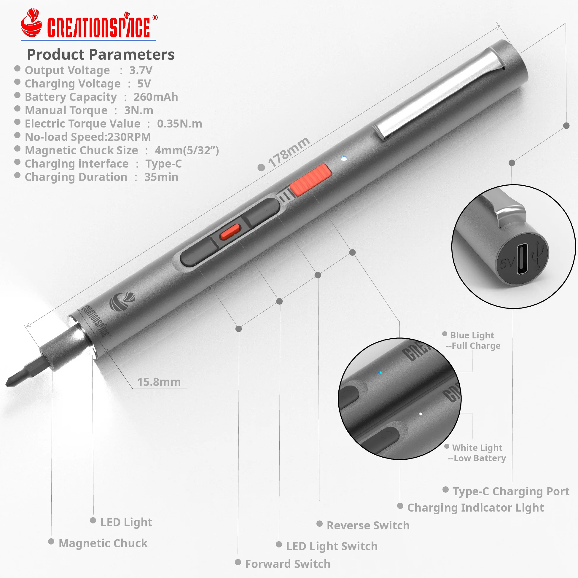 Creationspace CS0802A 3.7V Mini Electric Screwdriver Set, Automatic Screwdriver Cordless Power Tool for Home DIY Projects