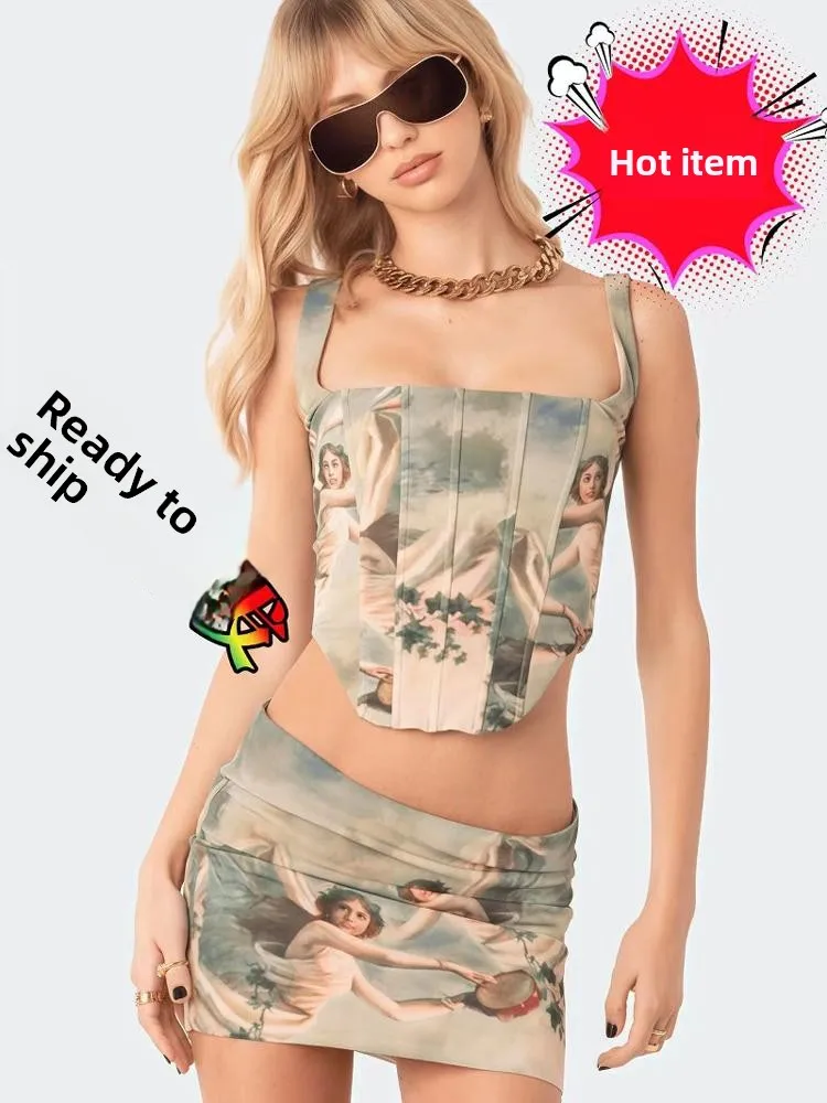 

Edikt New Sle Oil Painting Angel Print High Waist One oulder Sexy Girl Vest Faion Set Slim Fit ort Sve Zipper Closure