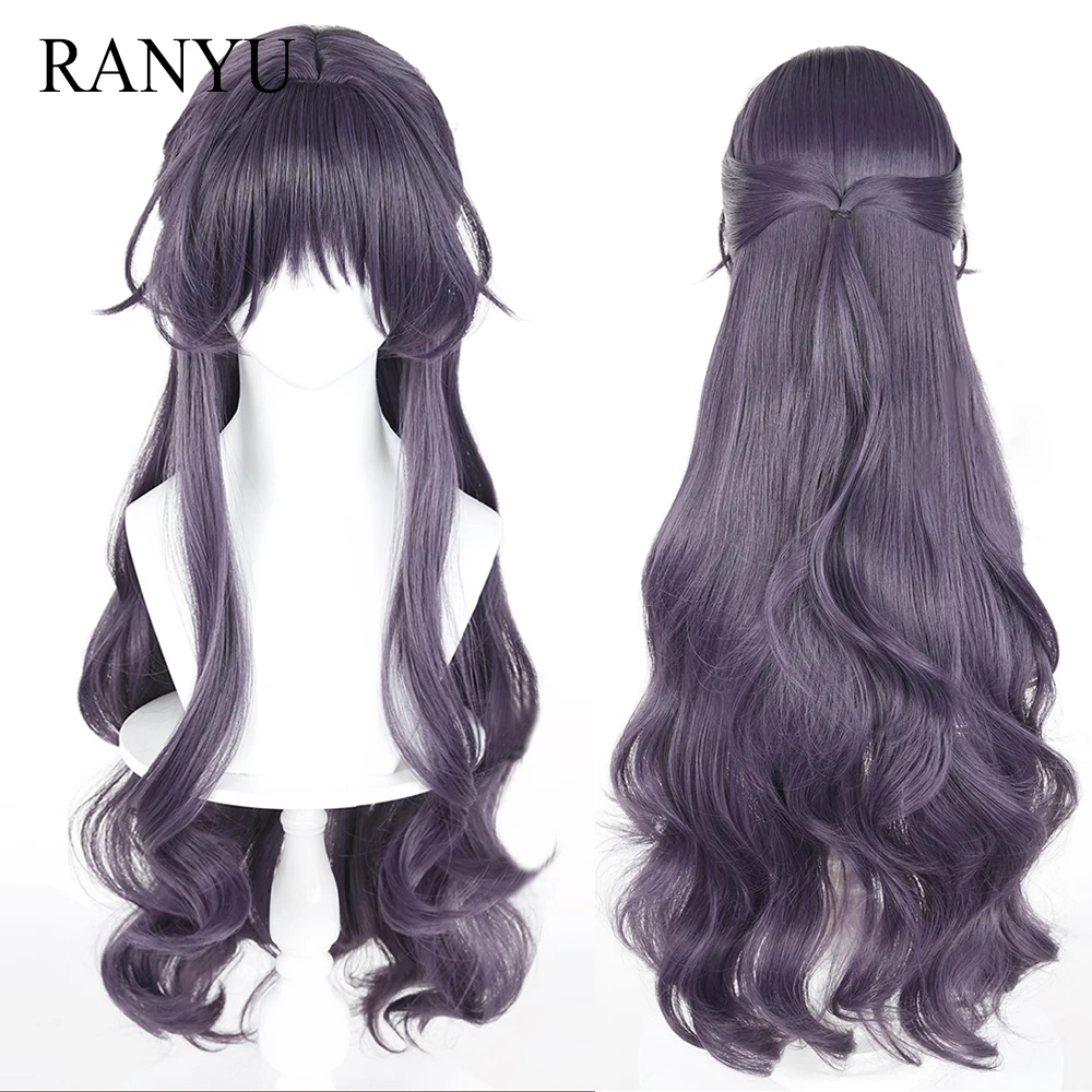 Long Purple Grey Wavy Synthetic Wigs with Bangs  Anime Game Cosplay Fluffy Heat Resistant Wig for Daily Party