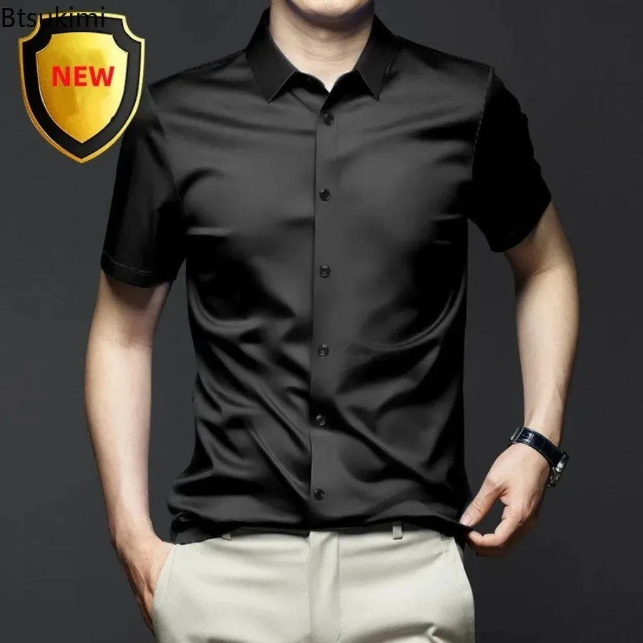 Camisas de manga corta con sensación de hielo para hombres, camisas de vestir de negocios delgadas sólidas de alta calidad, camisas sociales casuales de seda de hielo de verano