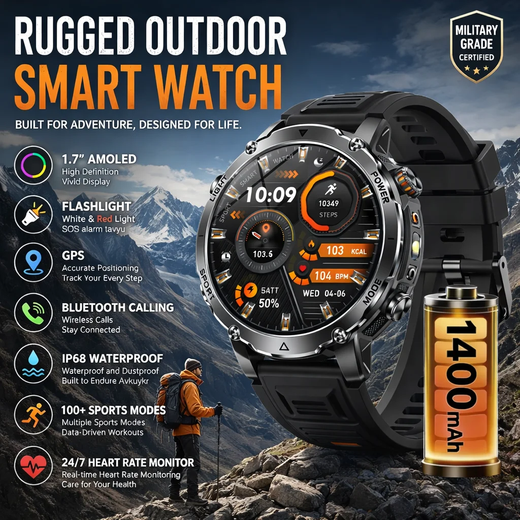 

LIGE New TANK Ultra 1400mAh Battery Military Smart Watch 10ATM Waterproof Heart Rate Tactical LED Flashlight Men Sports Bracelet