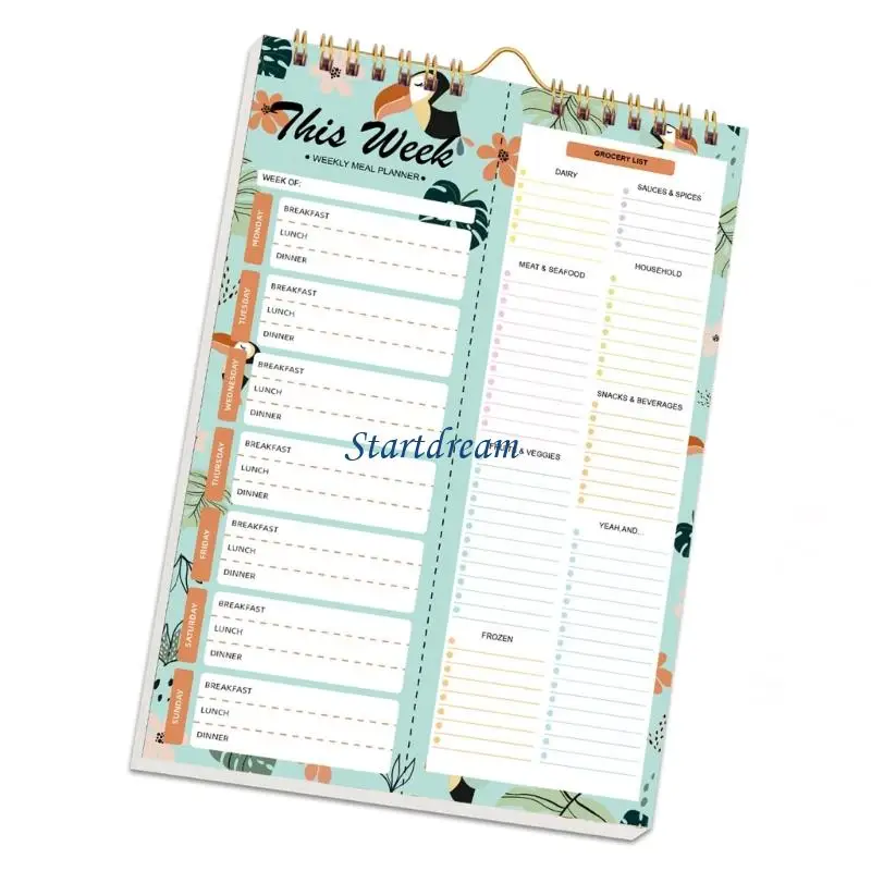 Carnet planification repas hebdomadaire K92C, avec listes d'épicerie déchirables reliure à spirales solides, pour