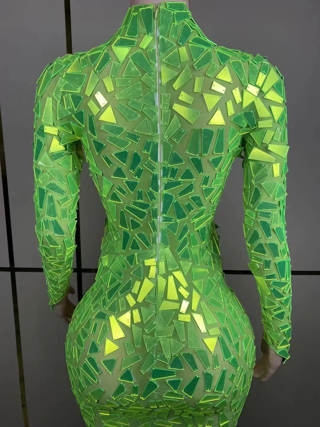 Sexy Designed Neon Green Mirrors Transparent Mesh Dress Evening Birthday Celebrate Costume Performance Dance Photo Shoot Dress