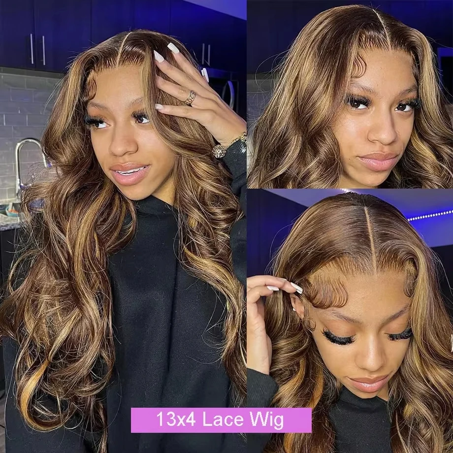 Body Wave 13x4 Hd Transparent Lace Front Wig Colored Highlight Human Hair Wigs For Women Brazilian 4/27 Blonde Pre Plucked Wigs image 3