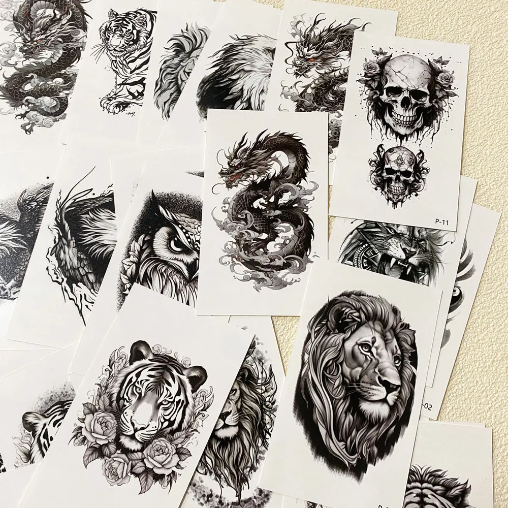 30pcs Small Size Animal Tattoo Stickers for Men Women Wolf Tiger Eagle Dragon Skeleton Snake Cat Fake Tattoos For Hand Arm Body