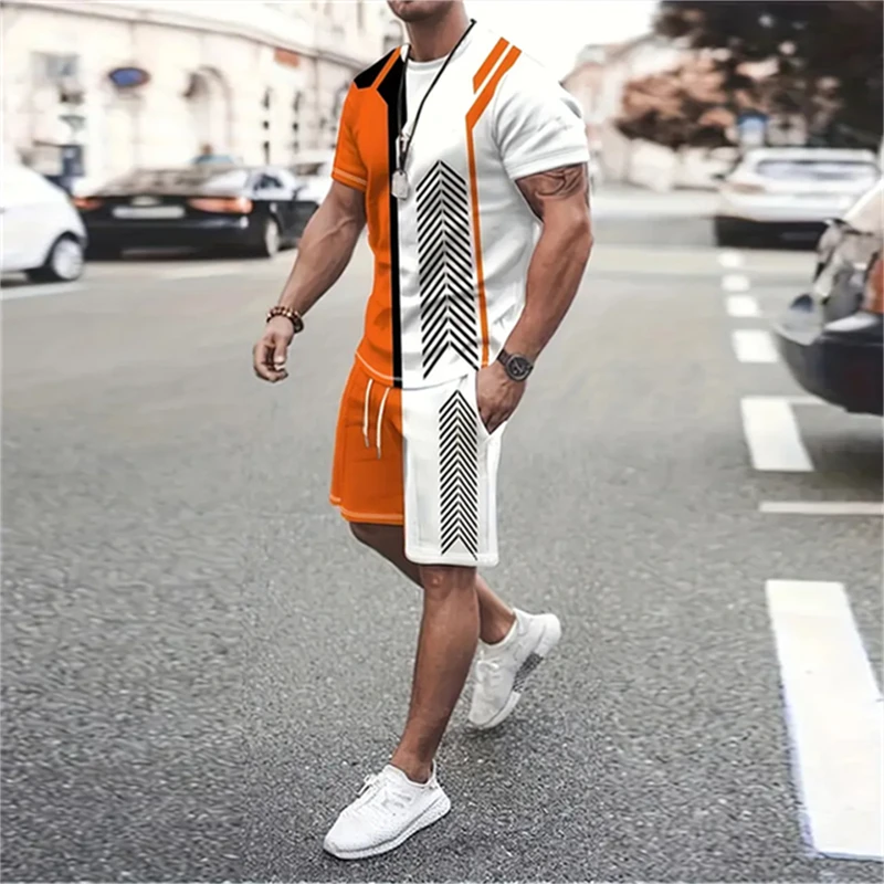 Fashionable Boutique Color Blocking Tie Dye Men T-shirt and Shorts 2-piece Set Summer Outdoor Casual Breathable Short Sleeve Set