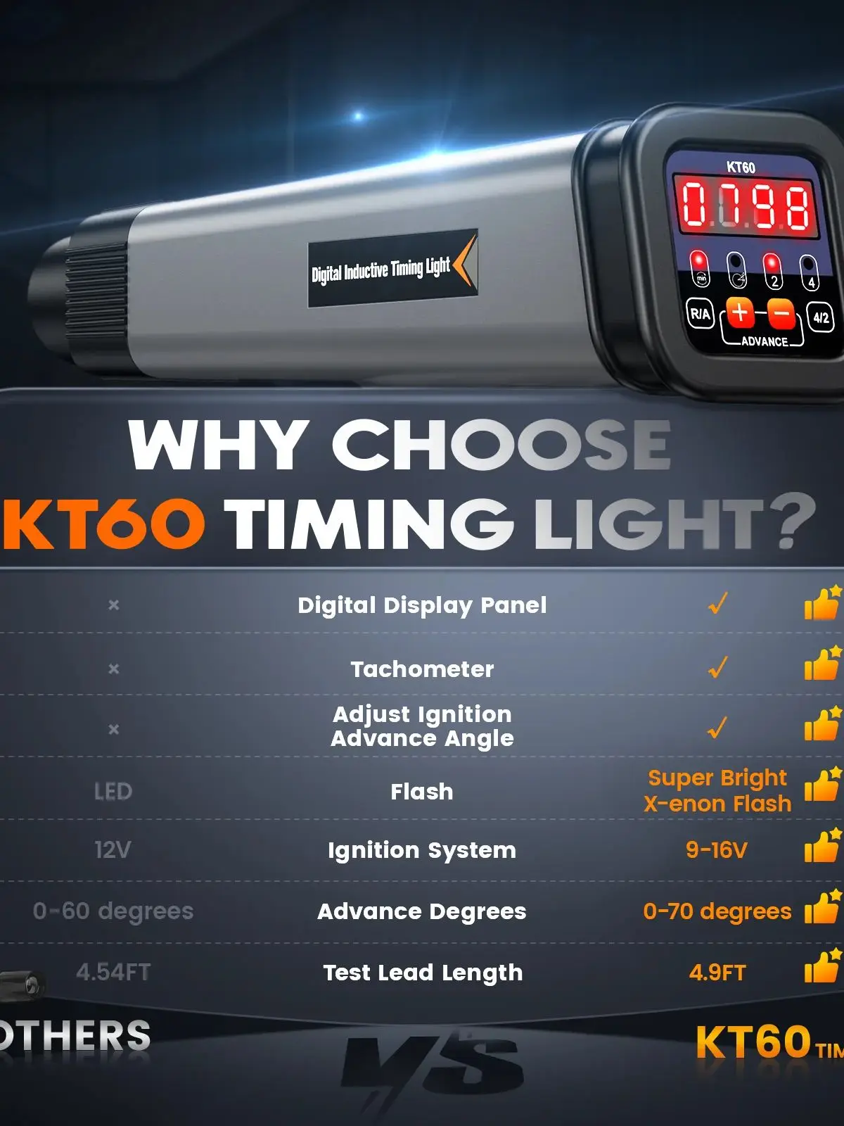 KZYEE KT60 Digitale Timing Light 12V Inductief Ontstekingsgereedschap met RPM & Advance Hoek voor 2/4-takt benzinemotoren Auto's - afbeelding 2
