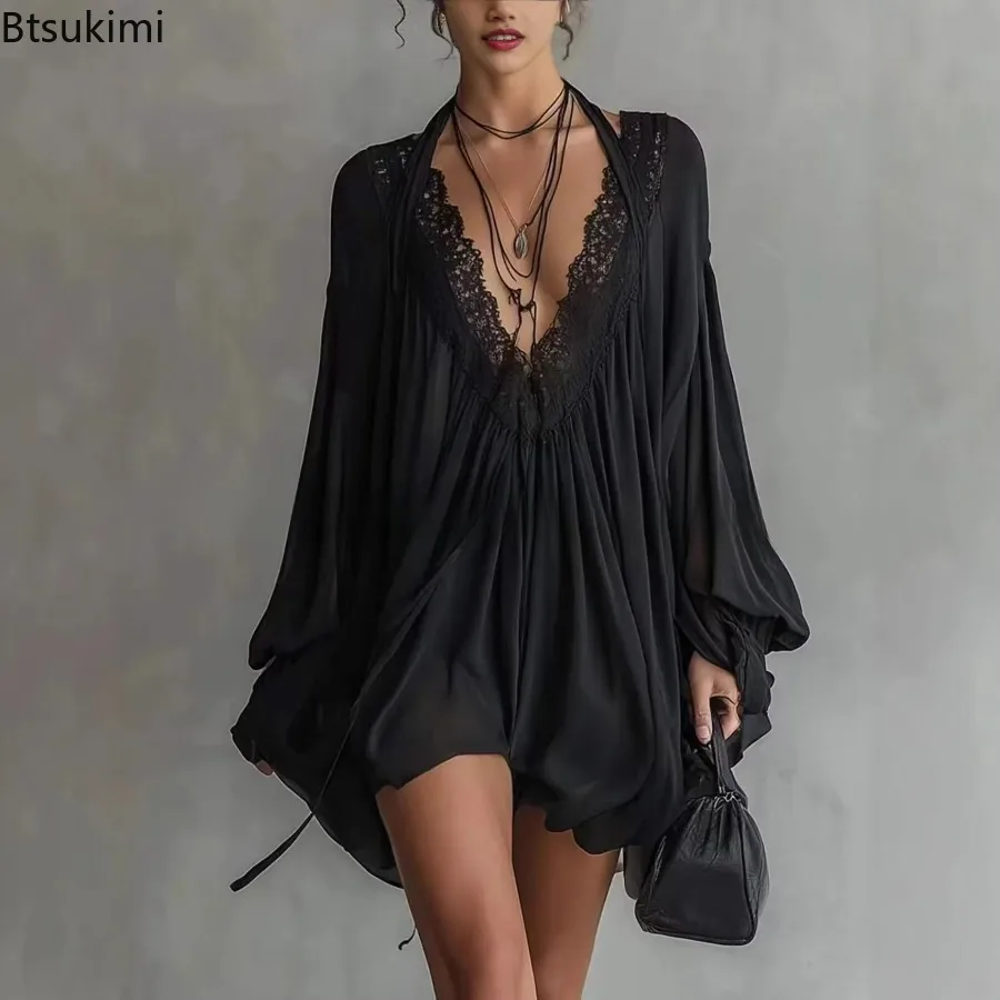 2026 Neue Damen Sexy Schwarze Spitzenbesatz-Blusen mit Puffärmeln, Neckholder-Kleid, Sommerliches V-Ausschnitt Transparentes Flare-Kleid mit langen Ärmeln, Lässiges lockeres Kleid