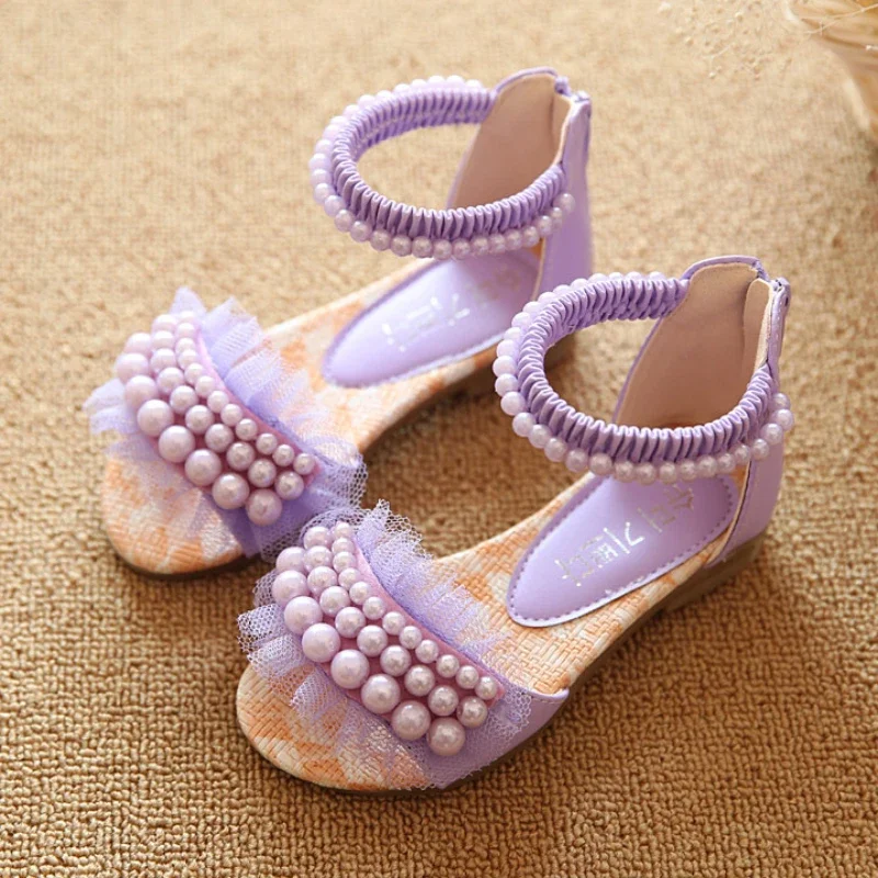 Summer Girls Sandals Fashion Pearls Girls Princess Shoes Baby Girl Shoes Flat Heel Sandals Kids Outdoor Beach Sandal Size 21-30