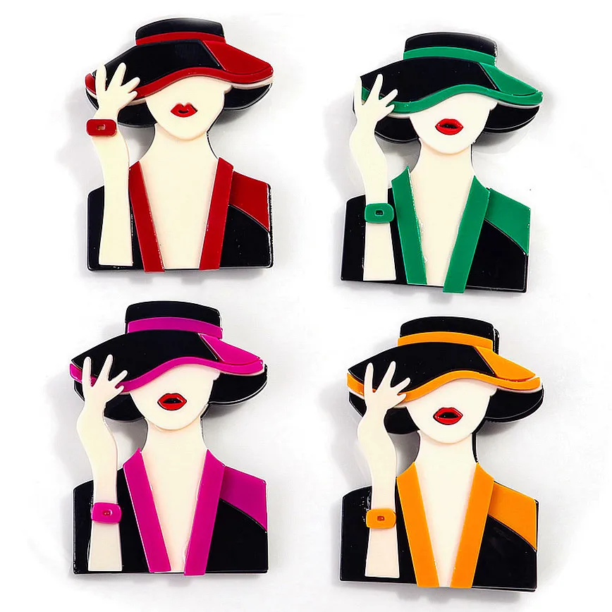 

New 4-Colors Acrylic Elegant Lady Wear Hat Brooch Pins Modern Girls Figure Brooches Badges for Women Office Jewelry Accessories