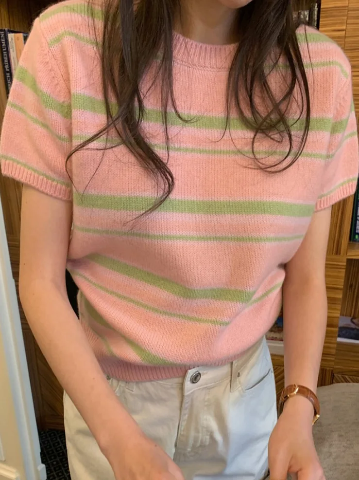 

Chic round Ne Color Blo Striped ort Sve Knitted Sweater Women's Faionable 2025 Autumn Collection Top for Teens