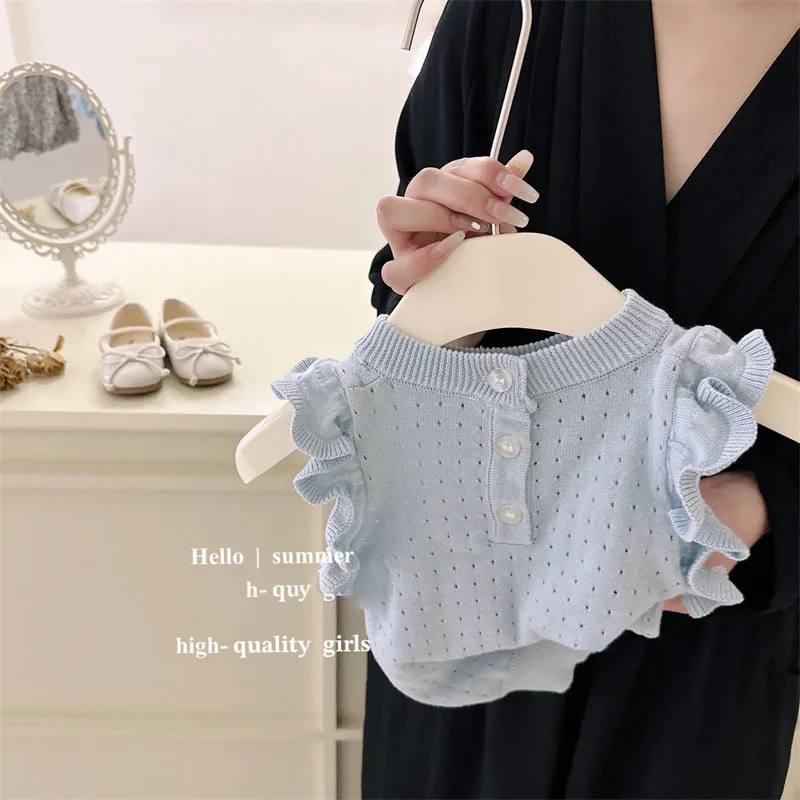 2024 Summer Korean Kids Clothes Girls Cute Knit Vest Floral Shorts 2 Sets Toddler Girl Sweet Floral Bracts Baby Girl Outfit Set