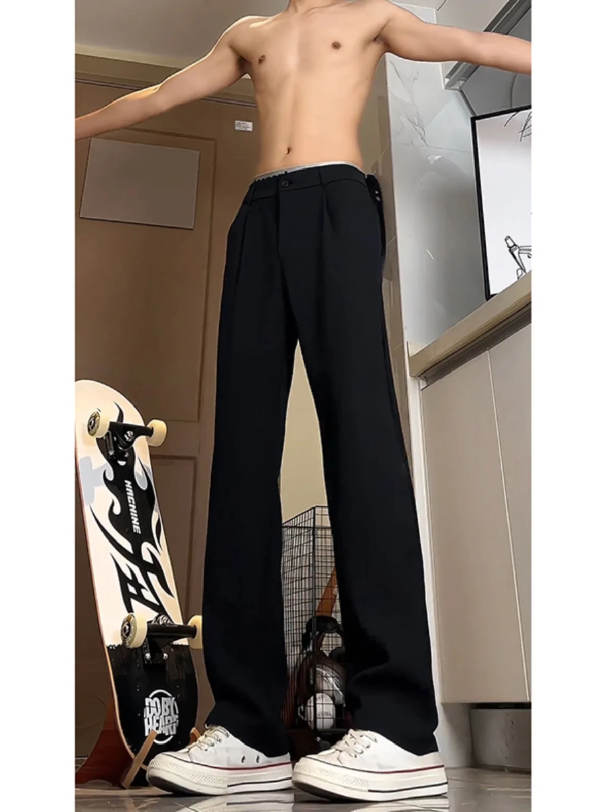 

Черные повседневные брюки с высокой талией и прямыми штанинами, мужские свободные брюки, модные брюки на весну и осень, модные брюки высокого класса