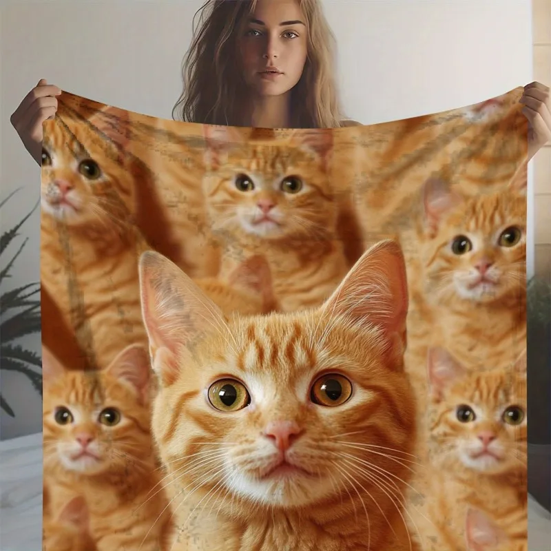 Gemütliche Flanelldecke mit goldenem Katzen-Print – weicher, warmer Ganzjahres-Polyester-Strickstoff mit bezauberndem orangefarbenem Kätzchen-Design