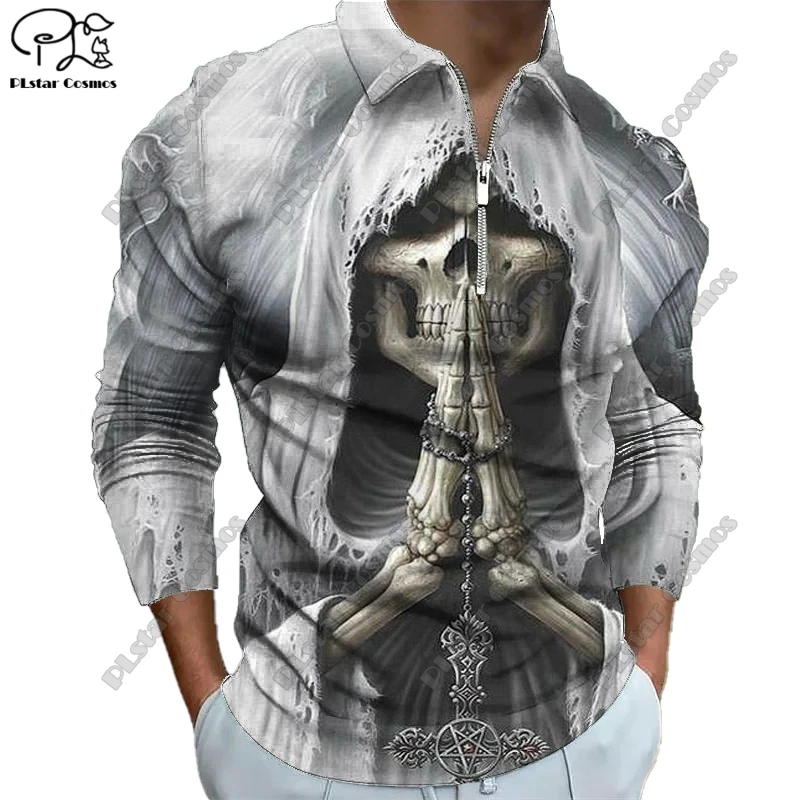 New Long Sleeve Zipper Polo 3D Print Halloween Collection Scary Skull Raven Dark POLO Long Sleeve T-Shirt Unisex Gift KB-1