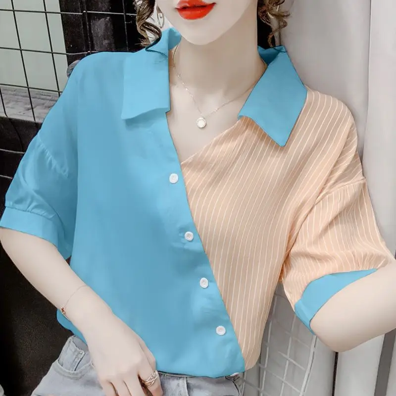 Summer Women\'s Clothing Fashion Chic Striped Spliced Blouse Korean All-match Short Sleeve Contrast Color Chiffon Shirt Female