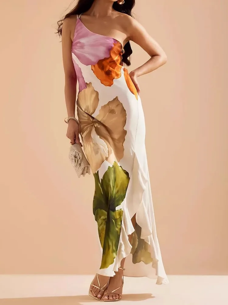 

Fashion Floral Print Dress For Women Elegant Sleeveless Off Shoulder Backless Dresses Robe Femme Casual Holiday Party Clothes