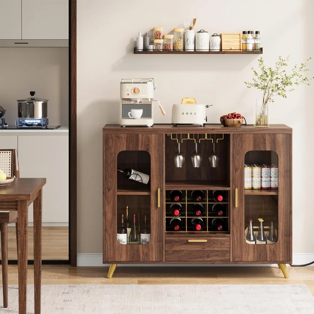 خزانة بار مع منافذ طاقة، خزانة جانبية حديثة لبار القهوة مع ضوء LED، خزانة مشروبات المزرعة مع رف النبيذ، حامل زجاجي #3