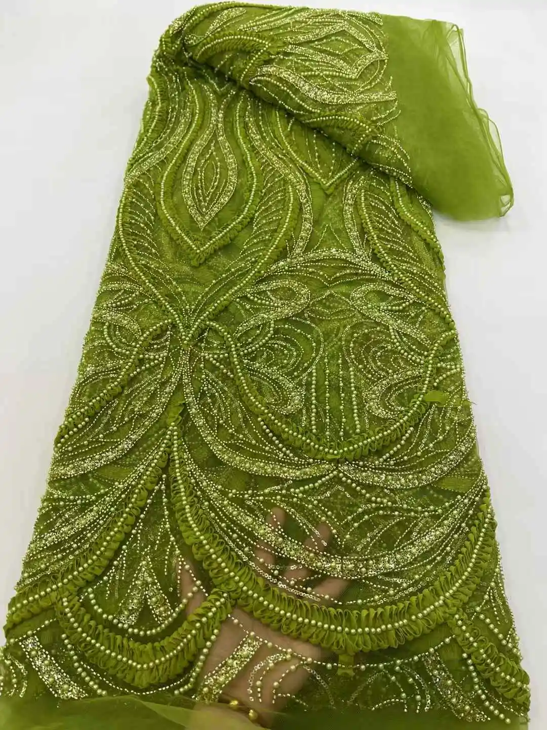 

2025 African Nigerian Lace Fabric High-Quality Sequins Tulle Lace Fabric 5Yard for Prom Dress Beads Embroidery Sewing Net Cloth