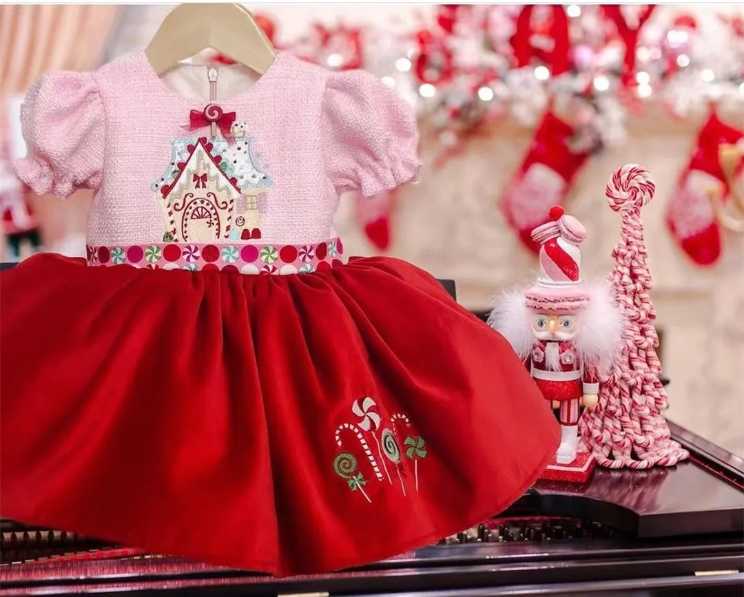 0-12Y Baby Girl Autumn Winter Red Velvet Lollipop Cane Candy Embroidery Vintage Spanish Princess Ball Gown Dress for Eid Causal