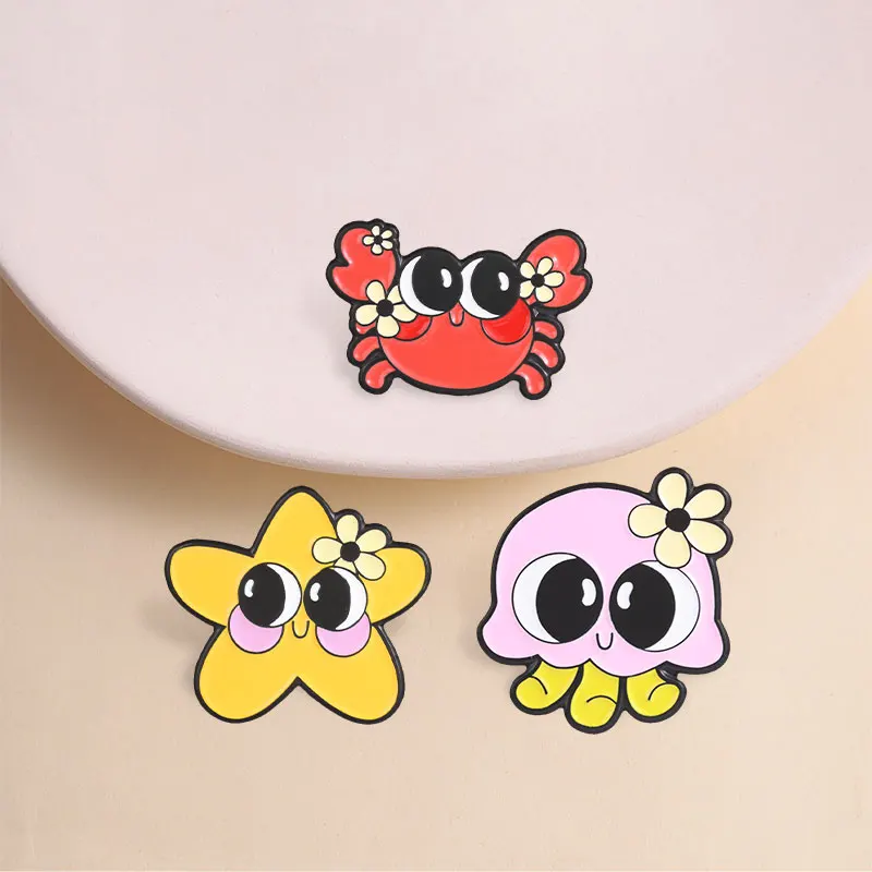 Cute Big Eyes Ocean Animal Enamel Pins Pink Octopus Red Crab Yellow Starfish Sea Creature Brooches Lapel Badge Jewelry Gifts