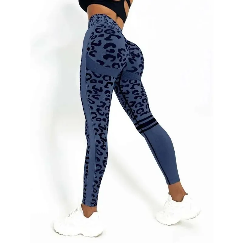 Seksowne legginsy w panterkę damskie wysokiej talii bezszwowe legginsy Fitness Hip Liftting dzianinowe modne rajstopy trening gimnastyczny legginsy