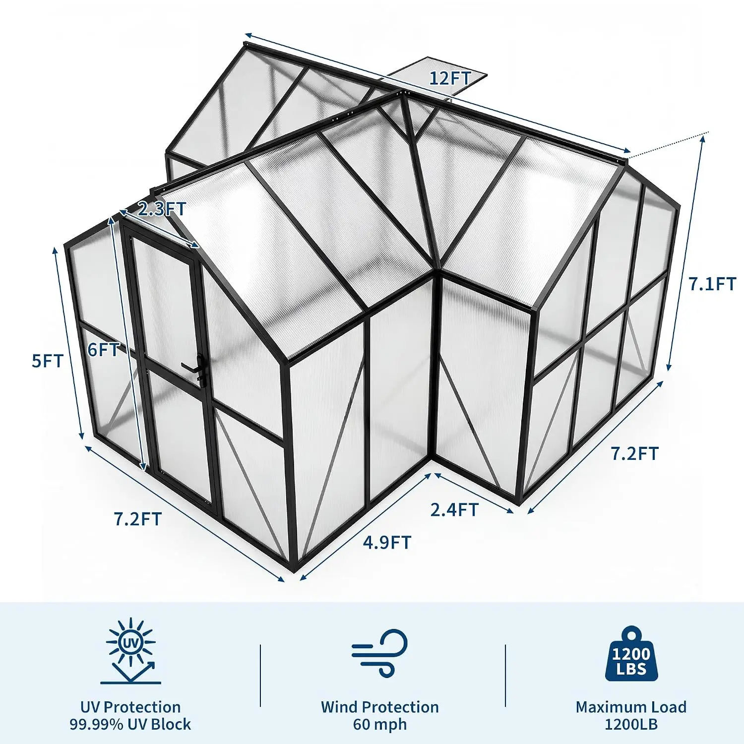 12x12 FT T-Shape Greenhouses, Greenhouse for Outdoors with Polycarbonate Panel, Adjustable Vent, Heavy Duty Green, Customi