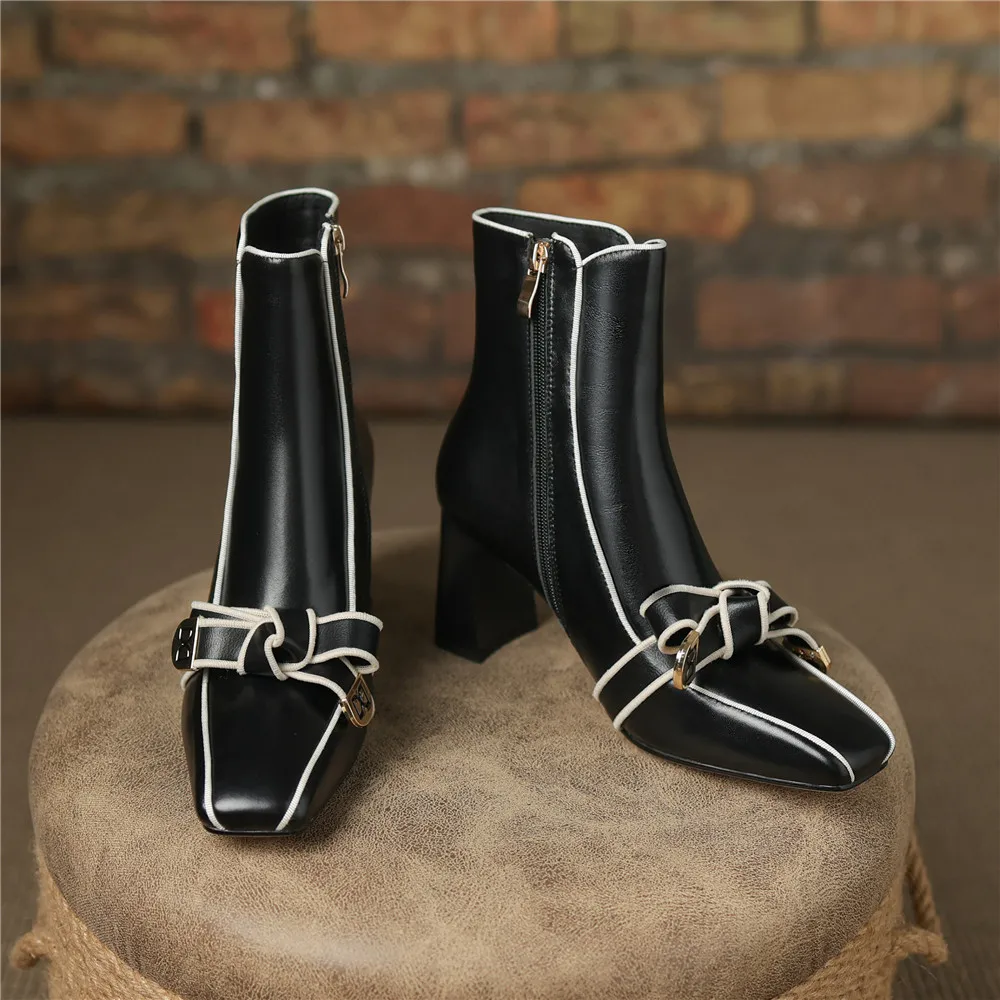 Dilalula 2025 French Style Genuine Leather Butterfly Knot Ankle Boots Women Thick High Heels Office Ladies Autumn Party Boots - Image 3